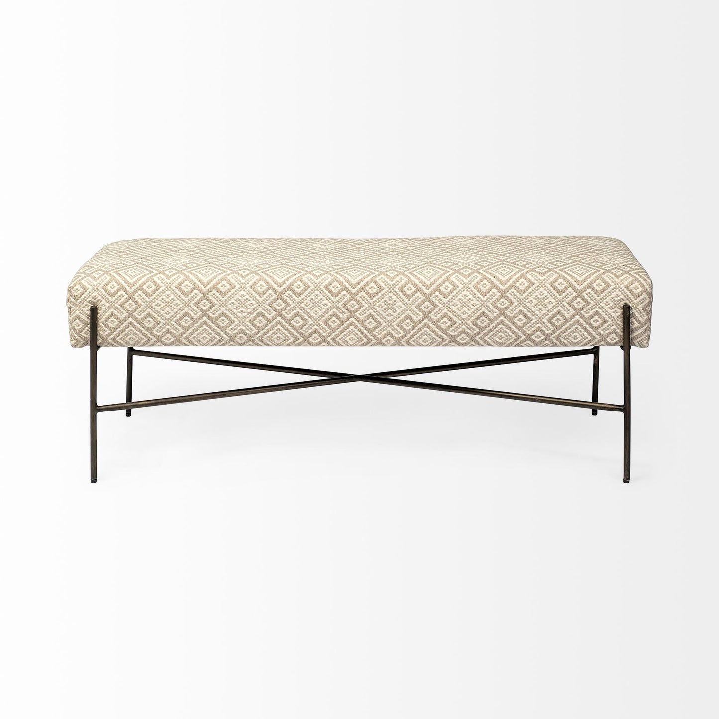 17" Cream and Black Upholstered Cotton Blend Geometric Bench