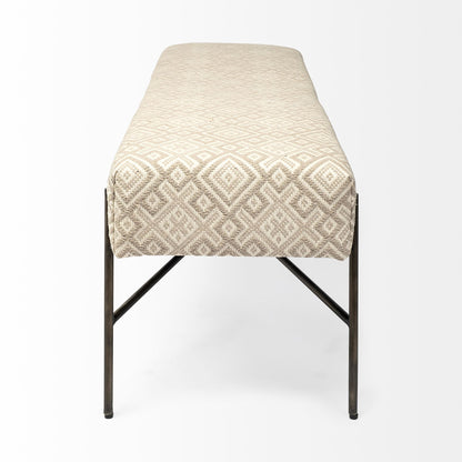 17" Cream and Black Upholstered Cotton Blend Geometric Bench