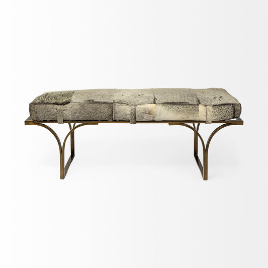 55" Gray and Antiqued Brass Faux Fur Upholstery Bench