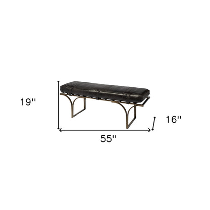 16" Black And Antiqued Brass Upholstered Genuine Leather Bench