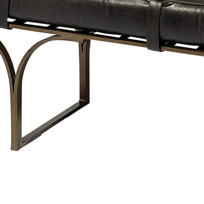 55" Black And Antiqued Brass Genuine Leather And Iron Upholstered Entryway Stool