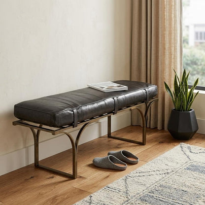 16" Black And Antiqued Brass Upholstered Genuine Leather Bench