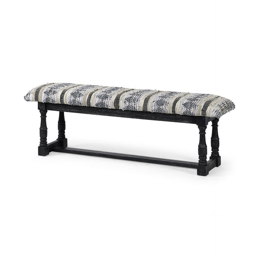 15" Off White And Black Striped Faux Leather And Wood Upholstered Entryway Stool