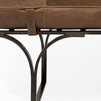 55" Brown And Black Genuine Leather And Iron Upholstered Distressed Entryway Stool
