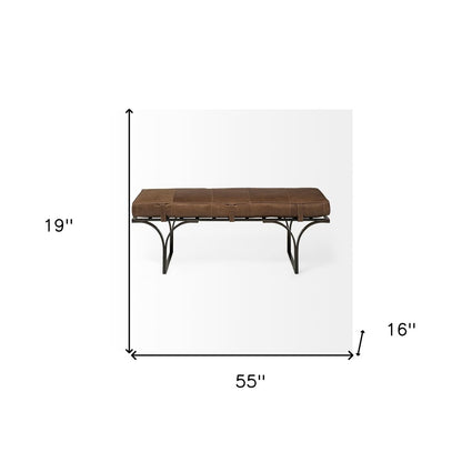 55" Brown And Black Genuine Leather And Iron Upholstered Distressed Entryway Stool