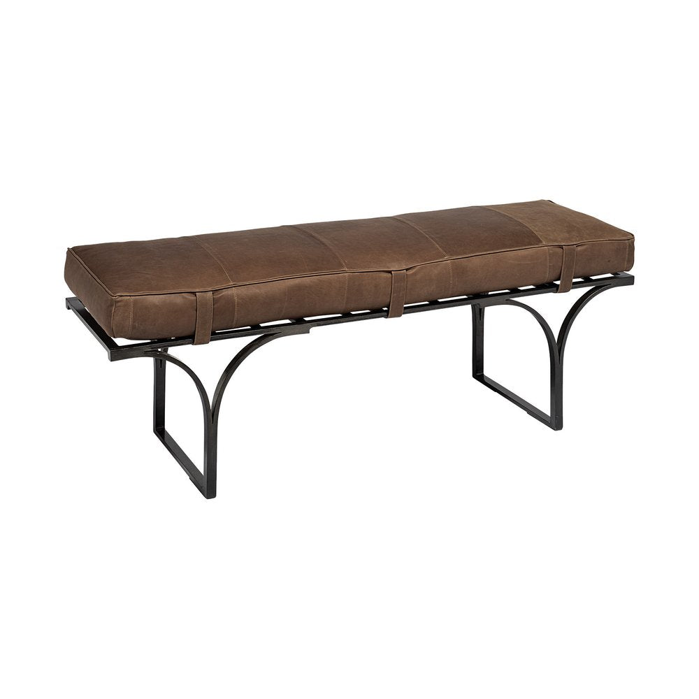 55" Brown And Black Genuine Leather And Iron Upholstered Distressed Entryway Stool
