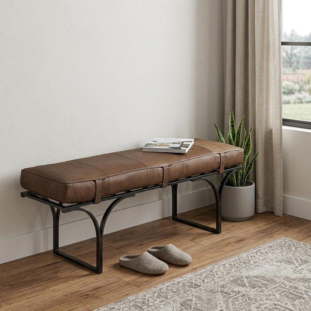 55" Brown And Black Genuine Leather And Iron Upholstered Distressed Entryway Stool