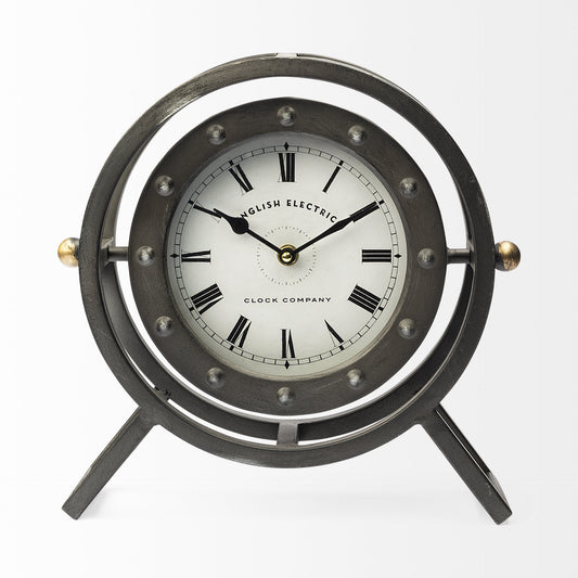 12" Black And White Metal Table Clock
