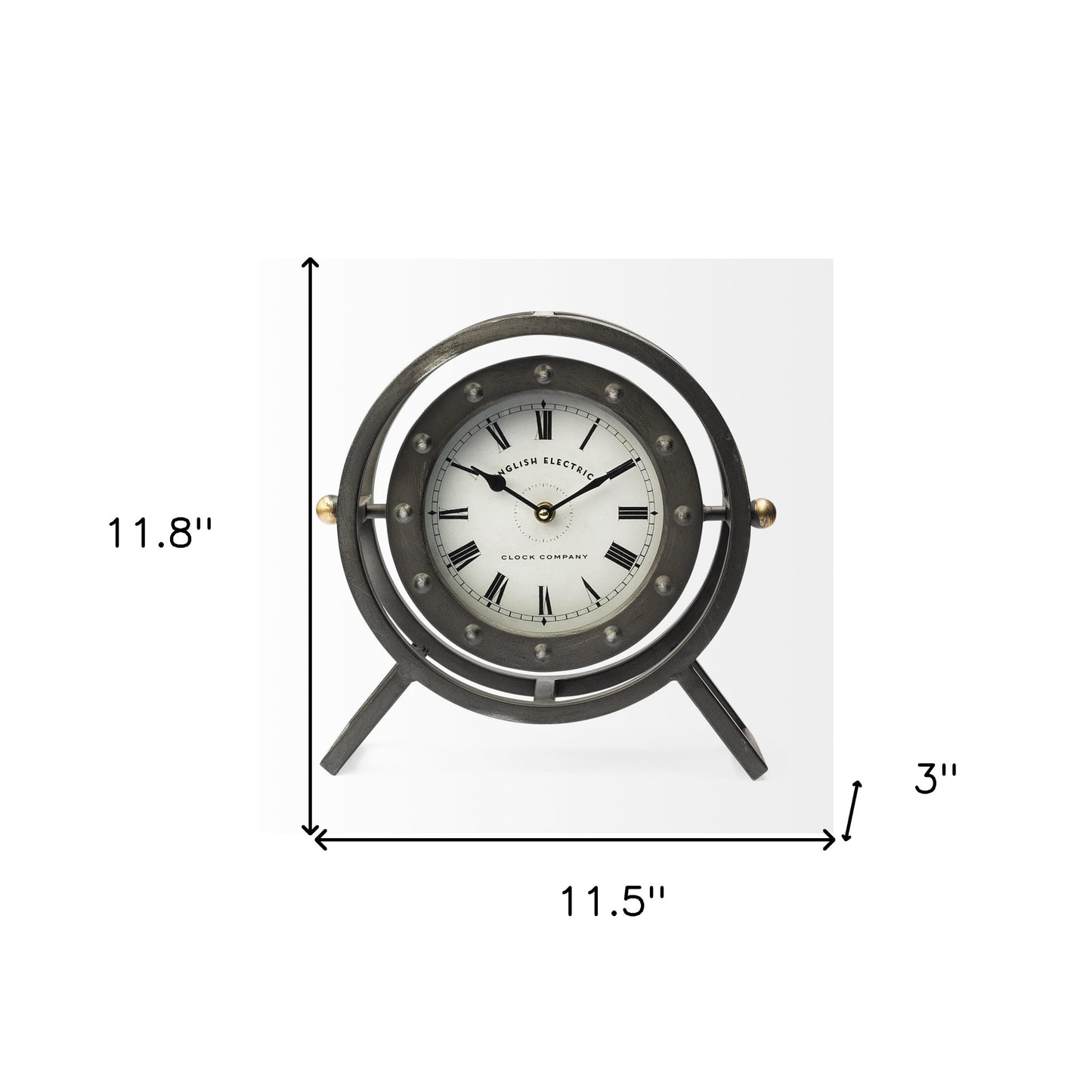 Gray Metal Circular Desk  Table Clock With Rivet Detail Frame