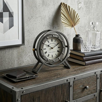 12" Black And White Metal Table Clock