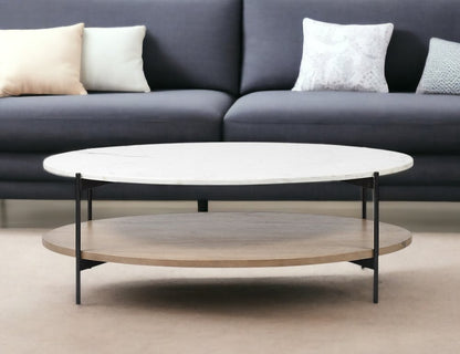 48" Brown and Black Genuine Marble and Metal Oval Coffee Table With Shelf
