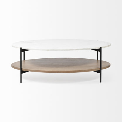 Oval White Marble Top And Black Metal Base Coffee Table W Wood Shelf