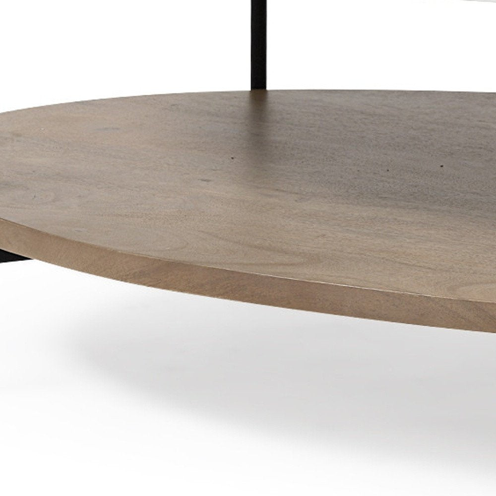 48" Brown and Black Genuine Marble and Metal Oval Coffee Table With Shelf