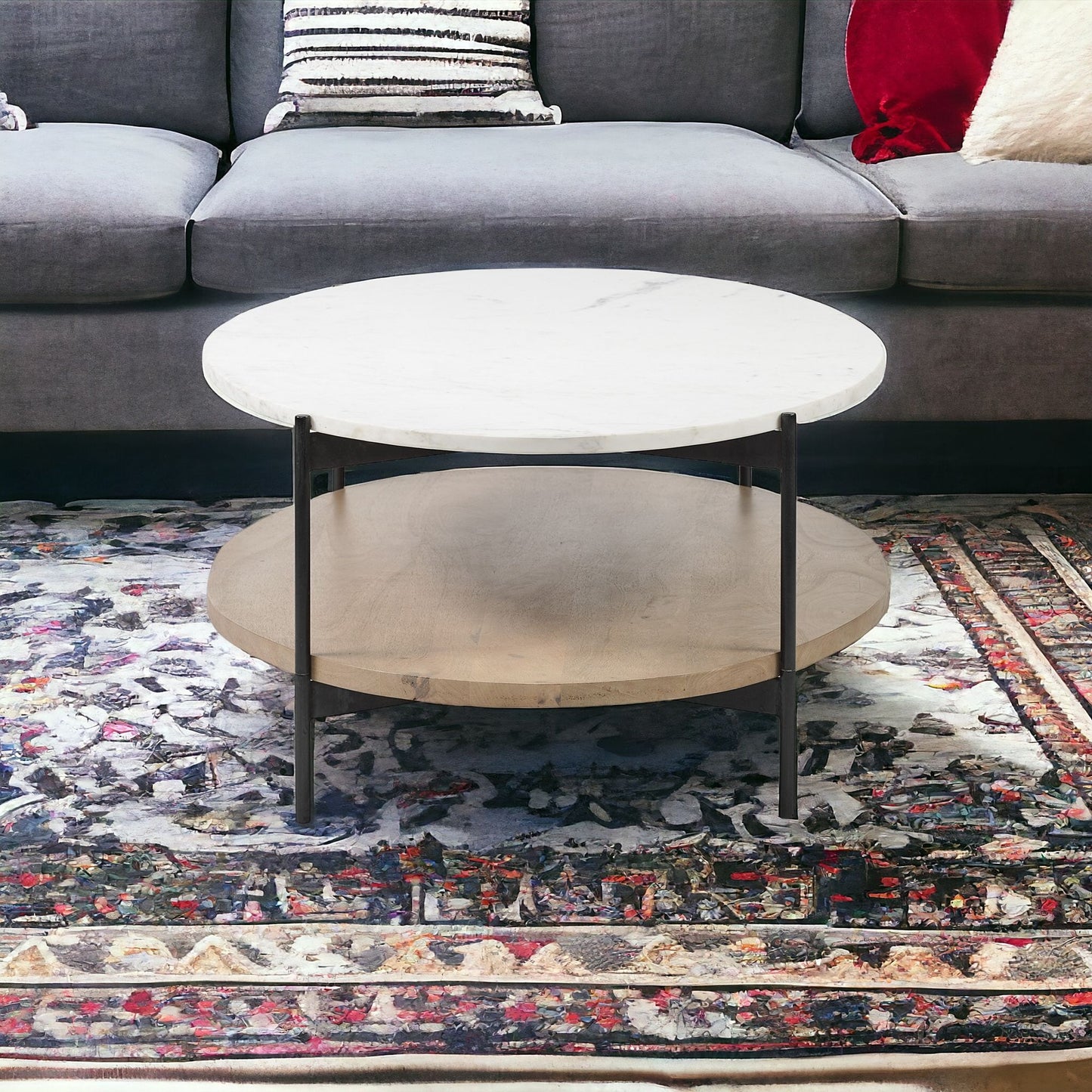 Oval White Marble Top And Black Metal Base Coffee Table W Wood Shelf