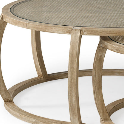 Brown Glass and Solid Wood Round Nested Coffee Tables