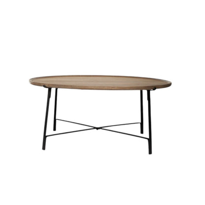 Set of Two Brown and Black Solid Wood and Iron Round Nested Coffee Tables