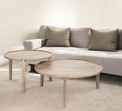 Set of Two Brown Solid Wood Round Nested Coffee Tables
