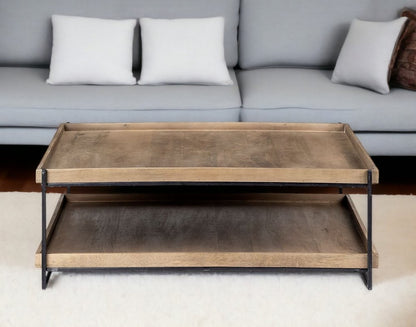 46" Natural and Black Solid Wood and Metal Coffee Table With Shelf