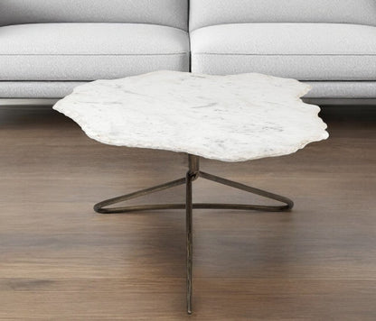 33" White and Gold Genuine Marble and Iron Free Form Coffee Table