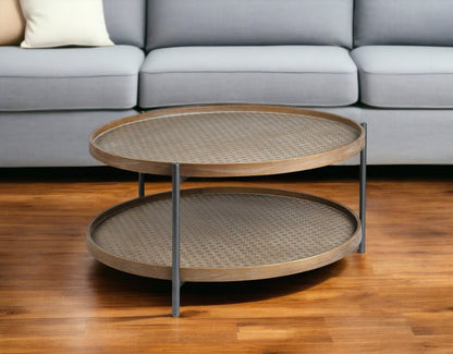 33" Brown and Black Solid Wood and Iron Round Coffee Table With Shelf