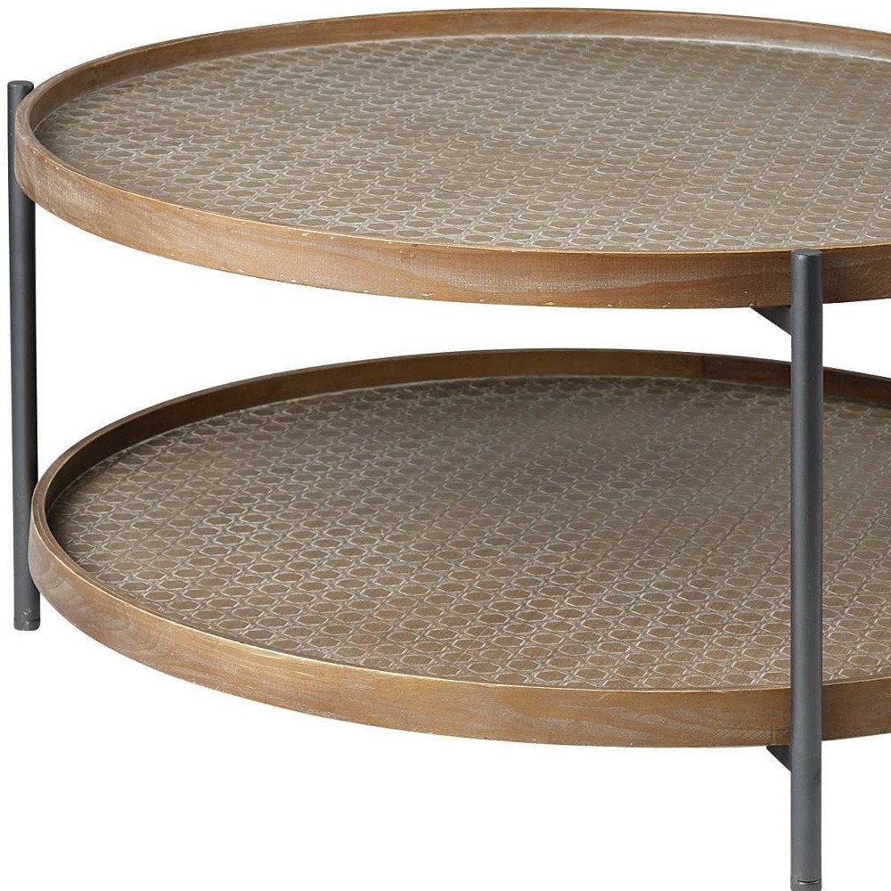 33" Brown and Black Solid Wood and Iron Round Coffee Table With Shelf