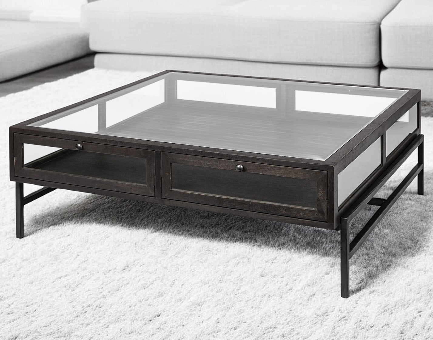 42" Black And Brown Square Coffee Table With Two Drawers