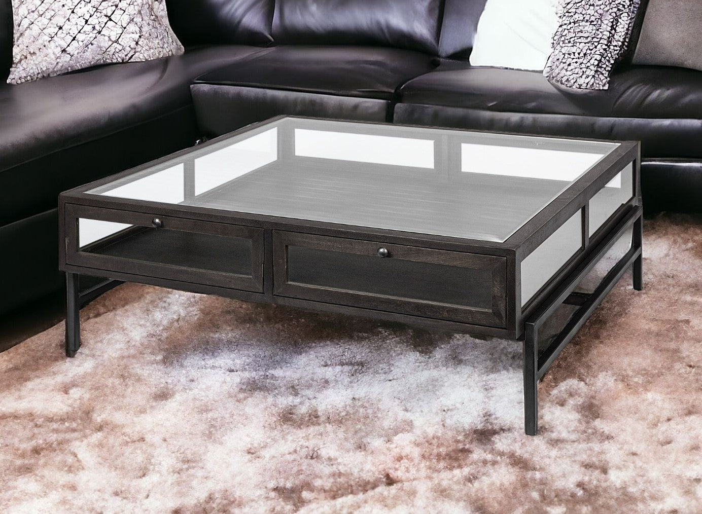 42" Black And Brown Square Coffee Table With Two Drawers