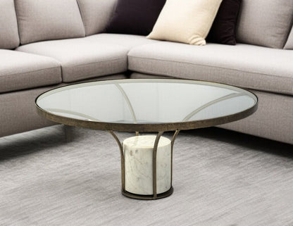 36" Antiqued Gold And White Glass Iron and Marble Round Pedestal Coffee Table