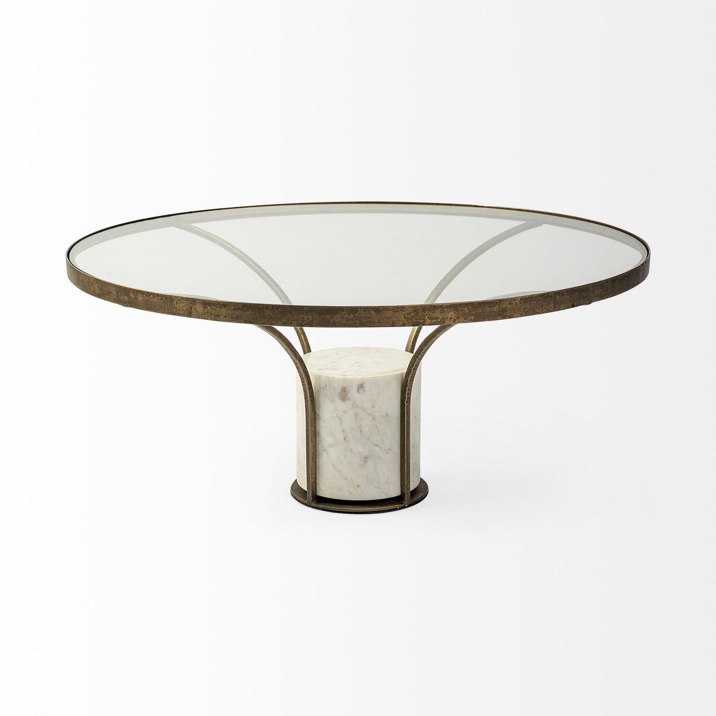 36" Clear And White and Gold Glass And Stone Round Coffee Table