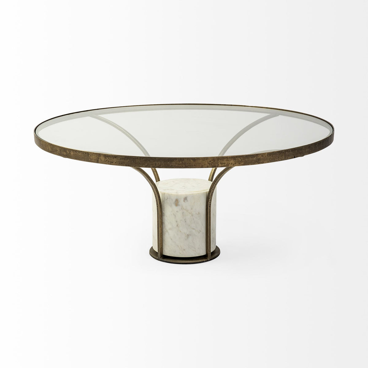 36" Antiqued Gold And White Glass Iron and Marble Round Pedestal Coffee Table
