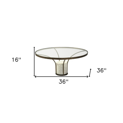 36" Antiqued Gold And White Glass Iron and Marble Round Pedestal Coffee Table
