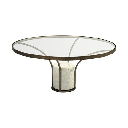 36" Antiqued Gold And White Glass Iron and Marble Round Pedestal Coffee Table