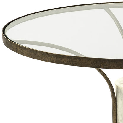 36" Clear And White and Gold Glass And Stone Round Coffee Table