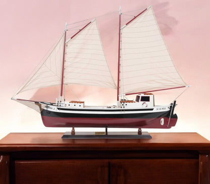 31" Black and White Solid Wood Hand Painted Model Boat Tabletop Sculpture