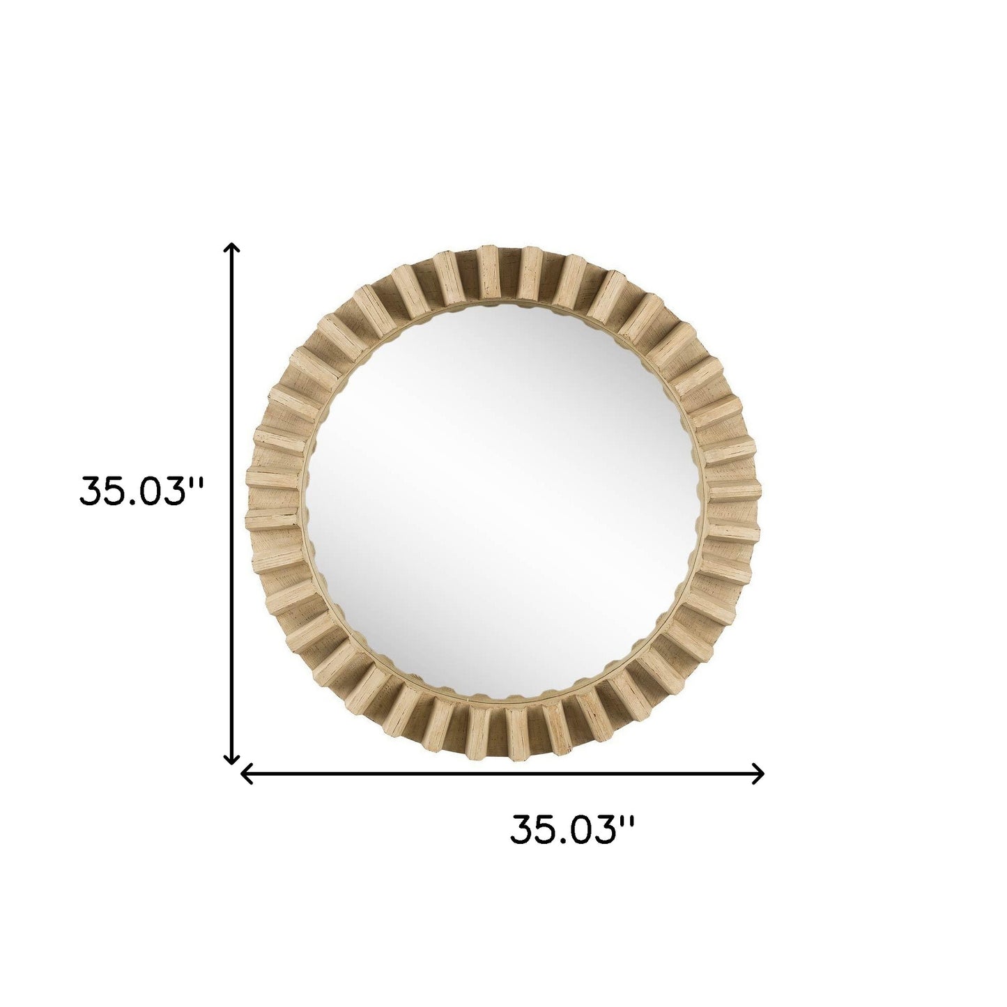 35" Round Natural Brown Wood Frame Wall Mirror