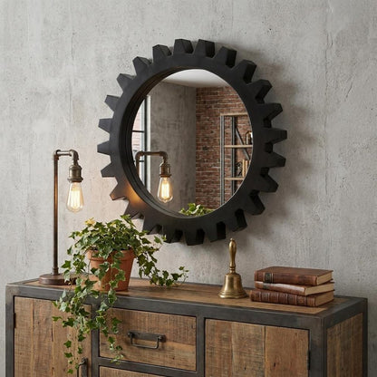 26" Black Cog Round Metal Frame Wall Mirror