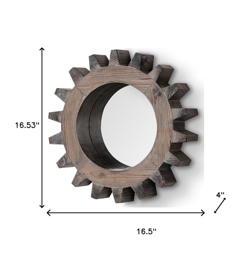 Cog 17" Round Natural Wood Frame Wall Mirror