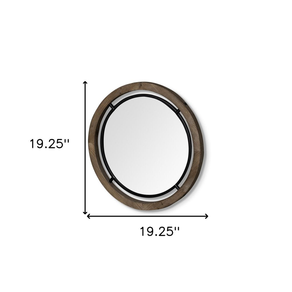 19" Brown And Black Metal And Wood Round Framed Accent Mirror