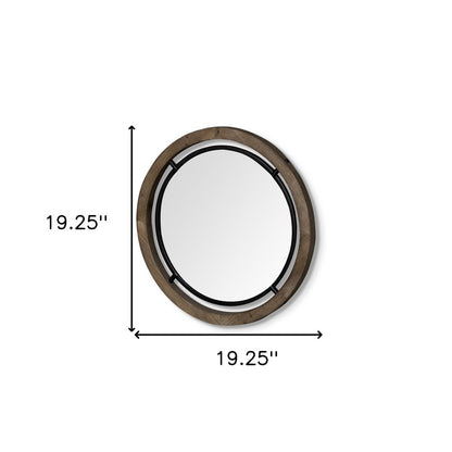 19" Brown And Black Metal And Wood Round Framed Accent Mirror