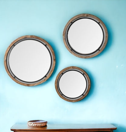 19" Brown Wood And Black Metal Frame Wall Mirror