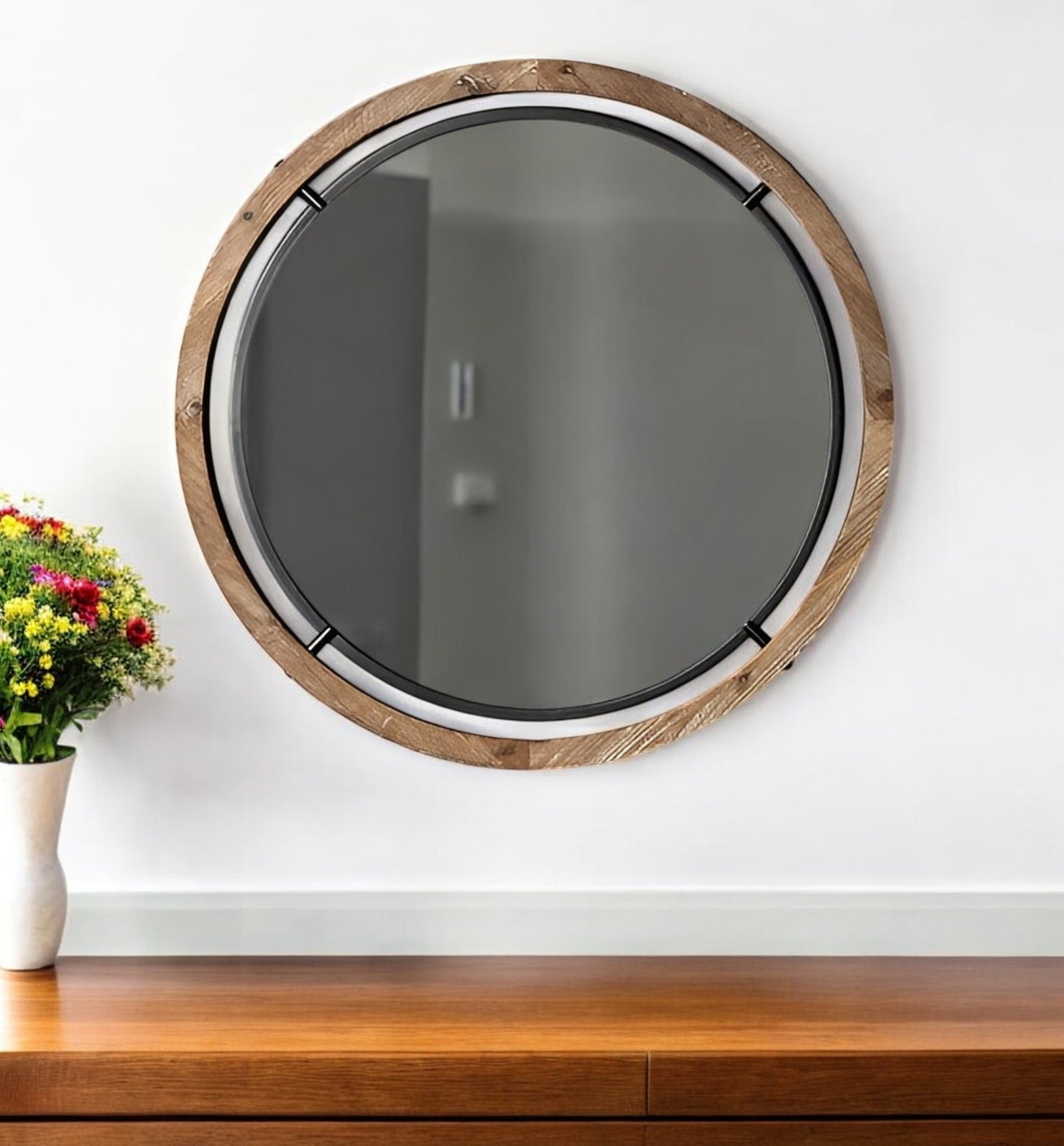 19" Brown And Black Metal And Wood Round Framed Accent Mirror