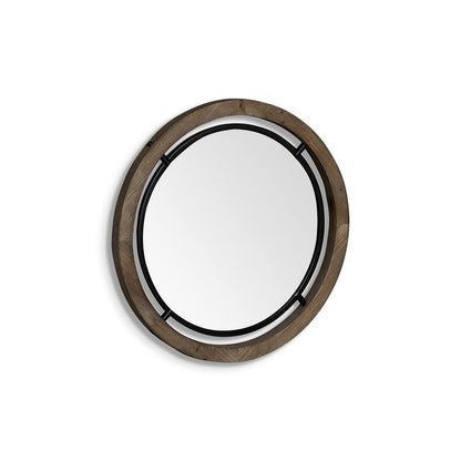 19" Brown And Black Metal And Wood Round Framed Accent Mirror