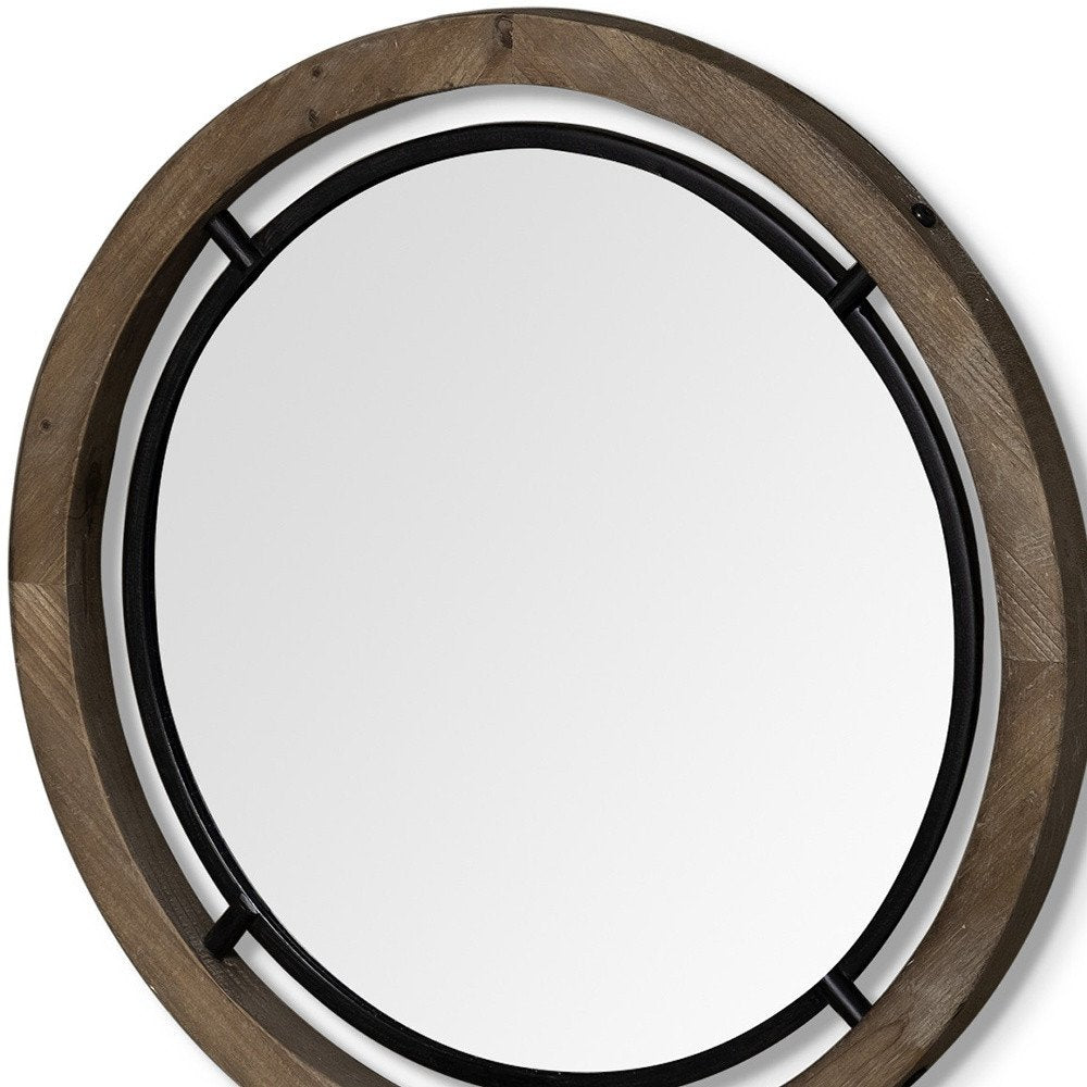 24" Brown And Black Round Metal And Wood Framed Accent Mirror