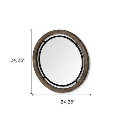 24" Brown And Black Round Metal And Wood Framed Accent Mirror