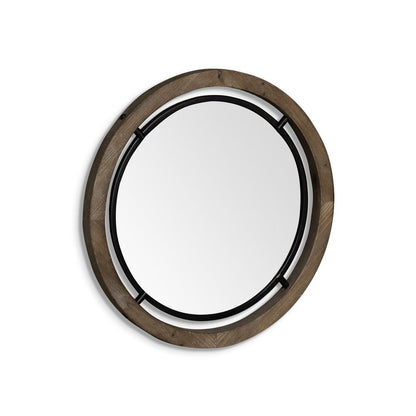 24" Brown And Black Round Metal And Wood Framed Accent Mirror