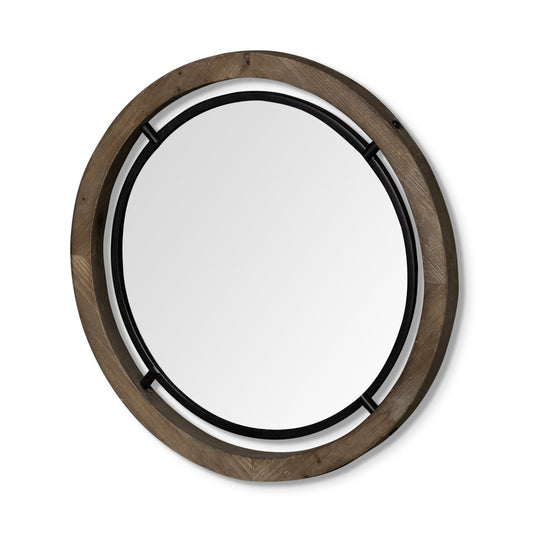 28" Brown Round Wood Framed Accent Mirror