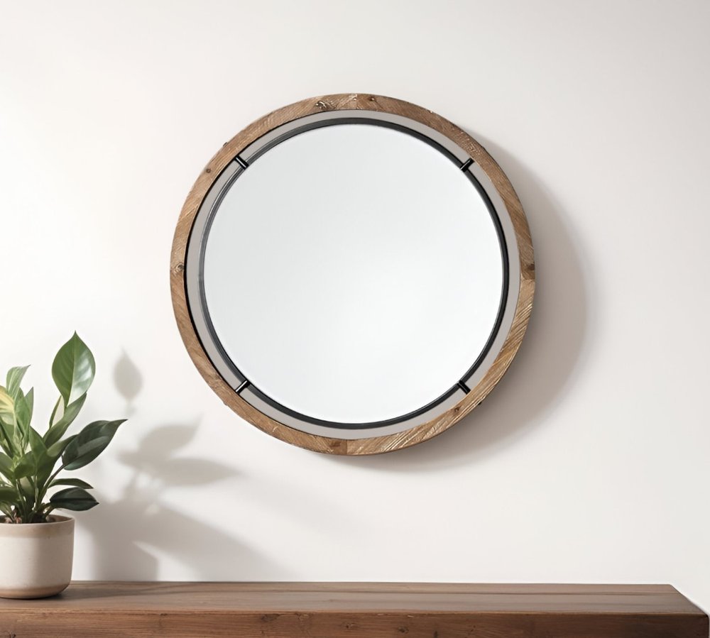 28" Brown Round Wood Framed Accent Mirror