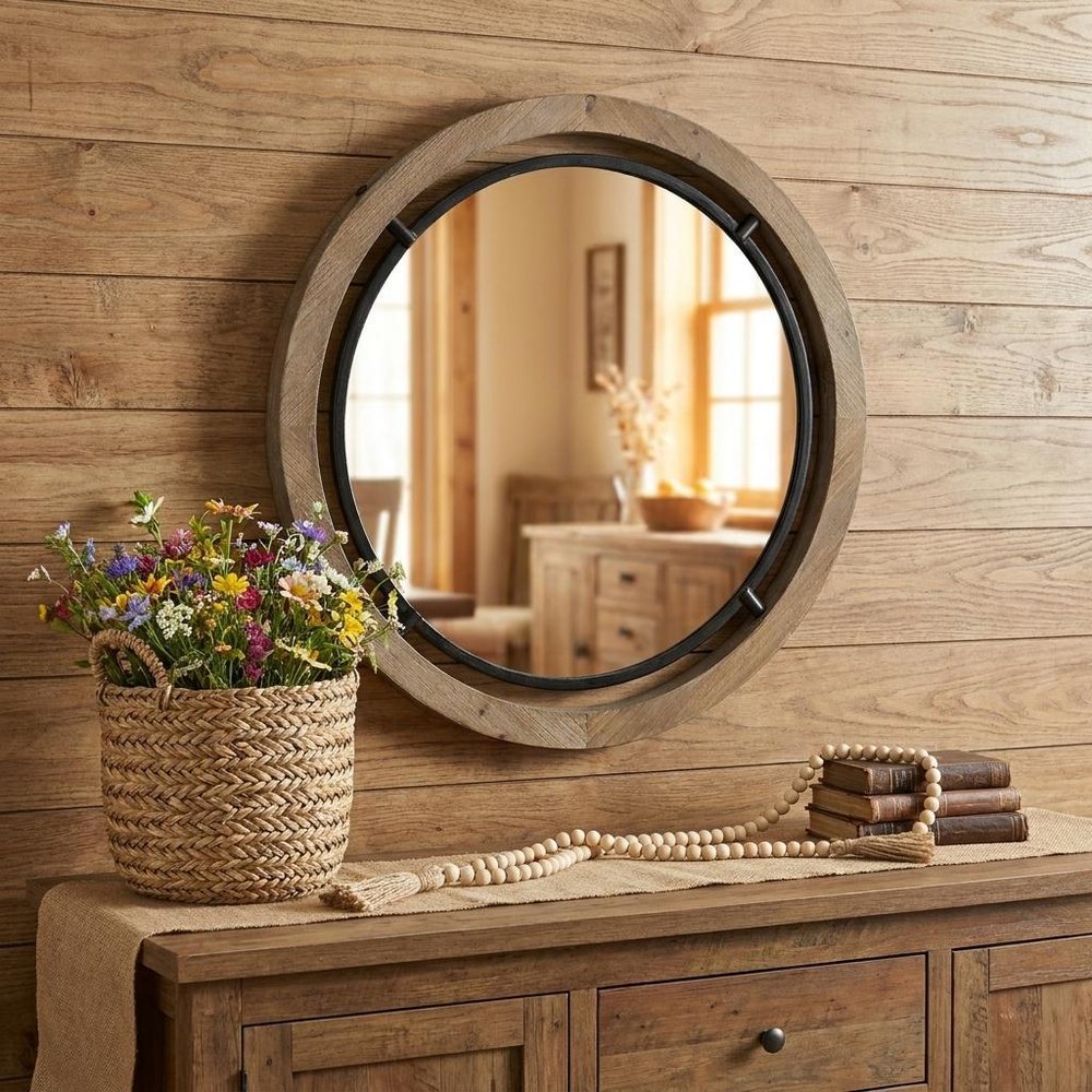 28" Brown Round Wood Framed Accent Mirror