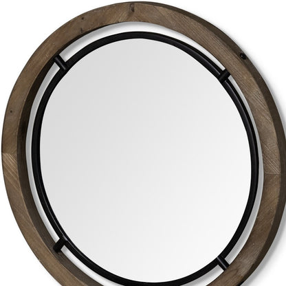 28" Brown Round Wood Framed Accent Mirror