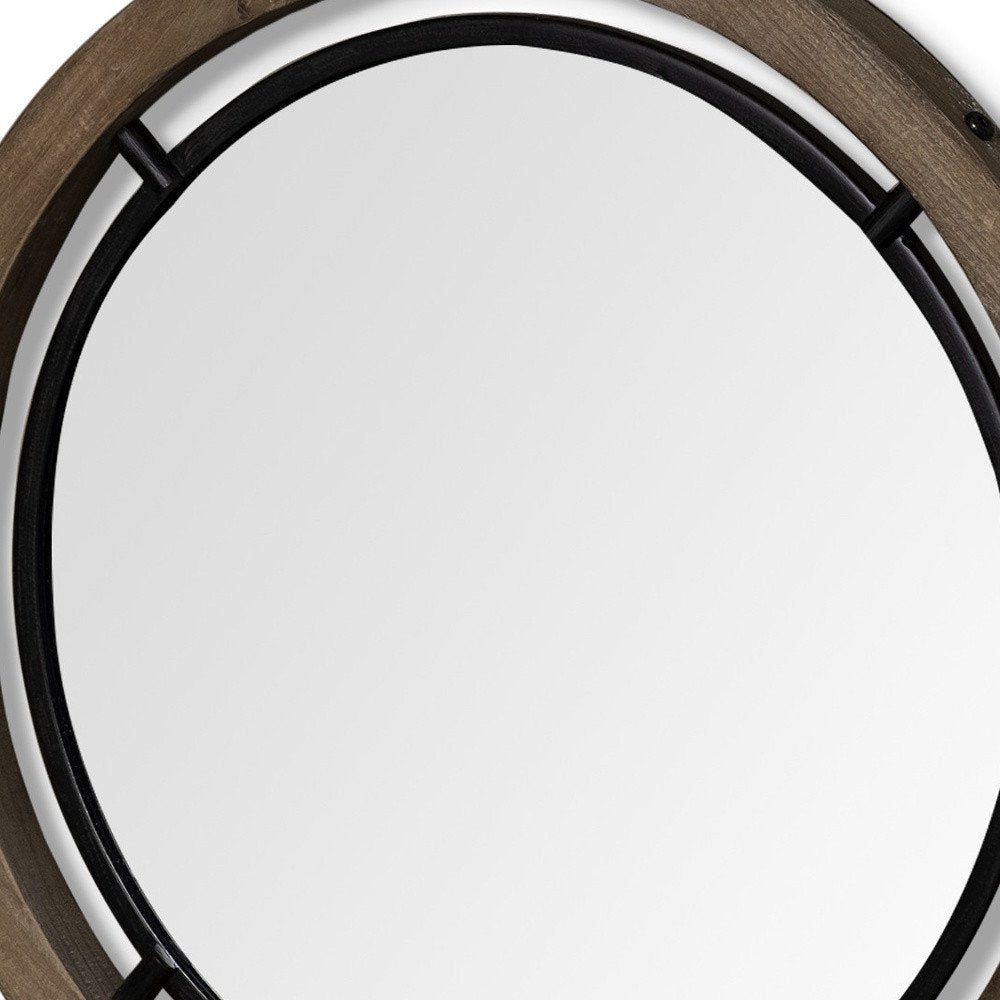 28" Brown Round Wood Framed Accent Mirror